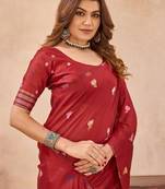Red linen festive saree with unstitched blouse piece