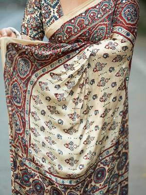 Crem Color Printed And Mirror Work Silk Blend Saree 2