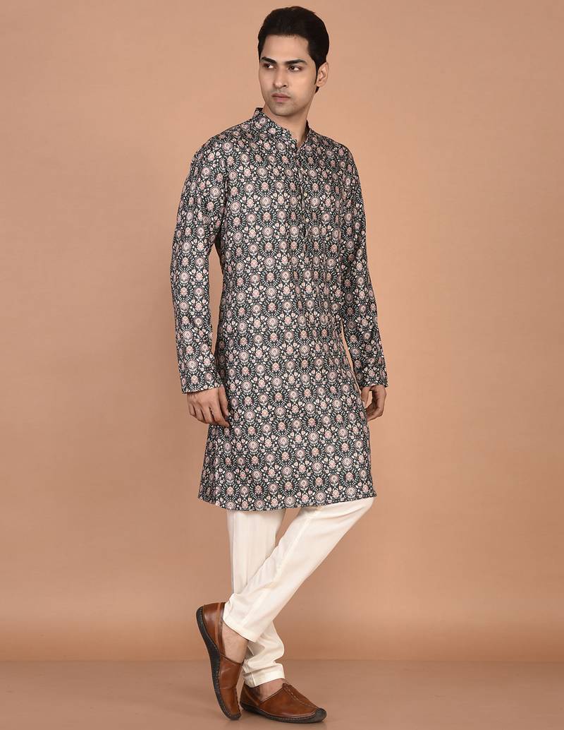 Men's floral printed cotton straight  kurta