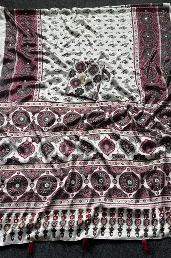 Crem Color Printed And Mirror Work Silk Blend Saree