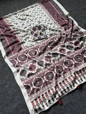Crem Color Printed And Mirror Work Silk Blend Saree 4