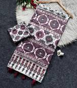 Crem Color Printed And Mirror Work Silk Blend Saree