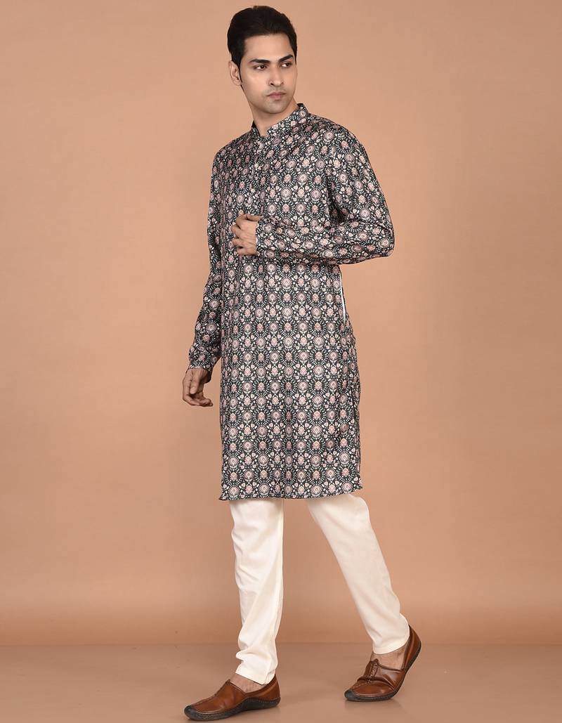 Men's floral printed cotton straight  kurta