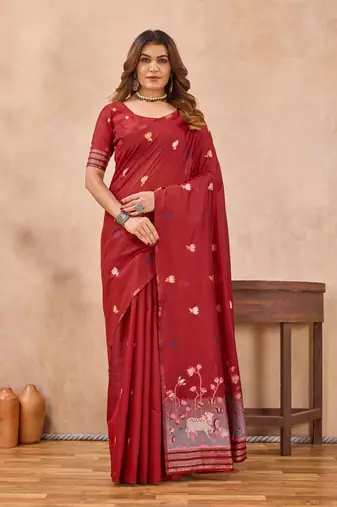 Red linen festive saree with unstitched blouse piece