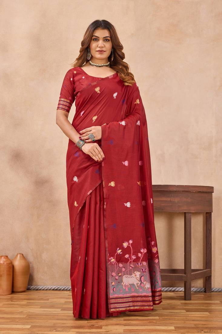 Red linen festive saree with unstitched blouse piece