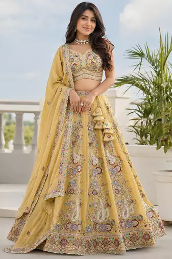 Elegant Pastel Georgette Lehenga Set with Multicolor Thread Embroidery & Sequins
