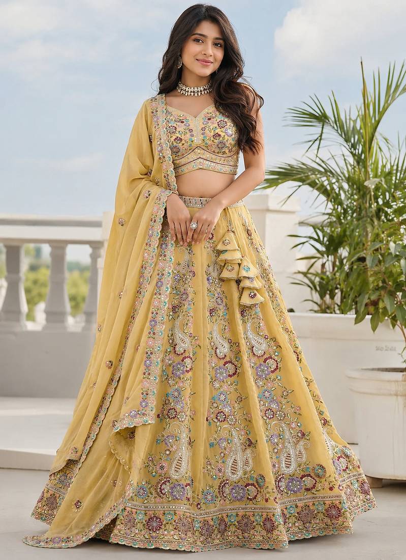 Elegant Pastel Georgette Lehenga Set with Multicolor Thread Embroidery & Sequins