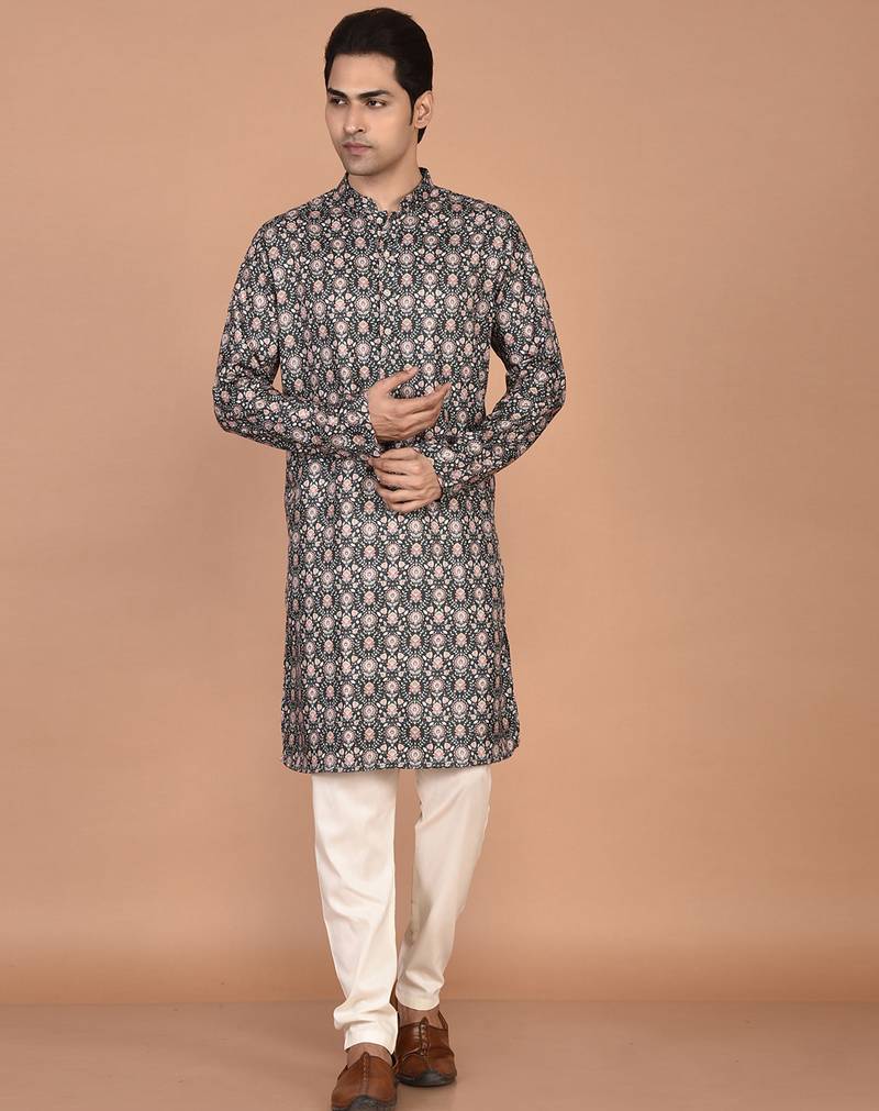 Men's floral printed cotton straight  kurta