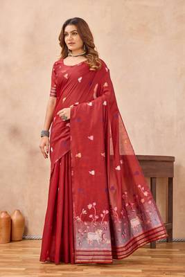 Red linen festive saree with unstitched blouse piece 3