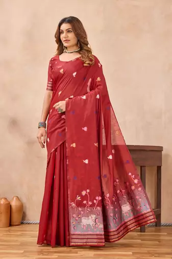 Red linen festive saree with unstitched blouse piece