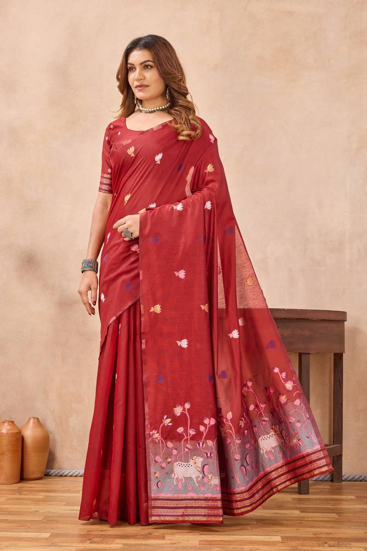 Red linen festive saree with unstitched blouse piece
