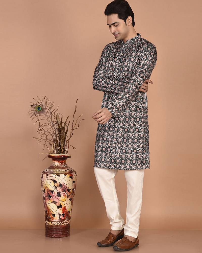 Men's floral printed cotton straight  kurta
