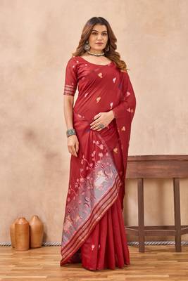 Red linen festive saree with unstitched blouse piece 4