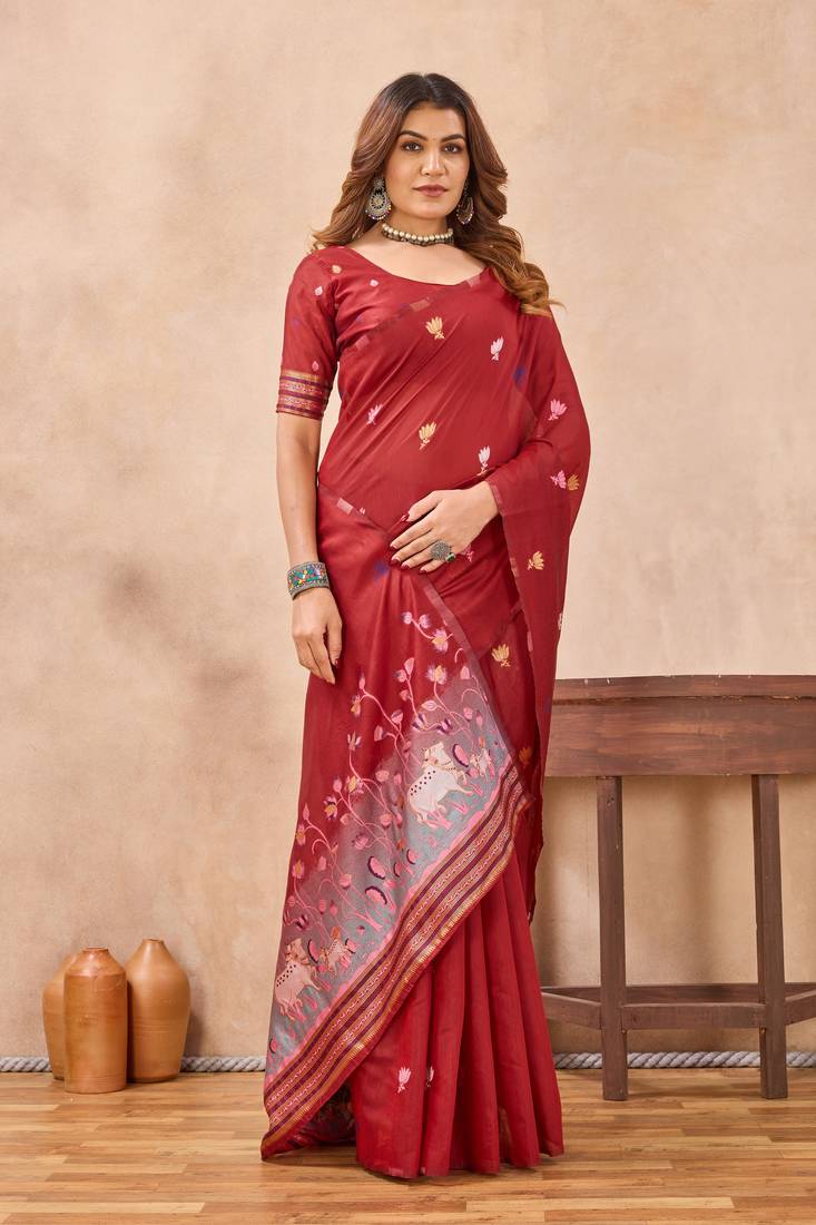 Red linen festive saree with unstitched blouse piece
