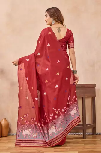 Red linen festive saree with unstitched blouse piece