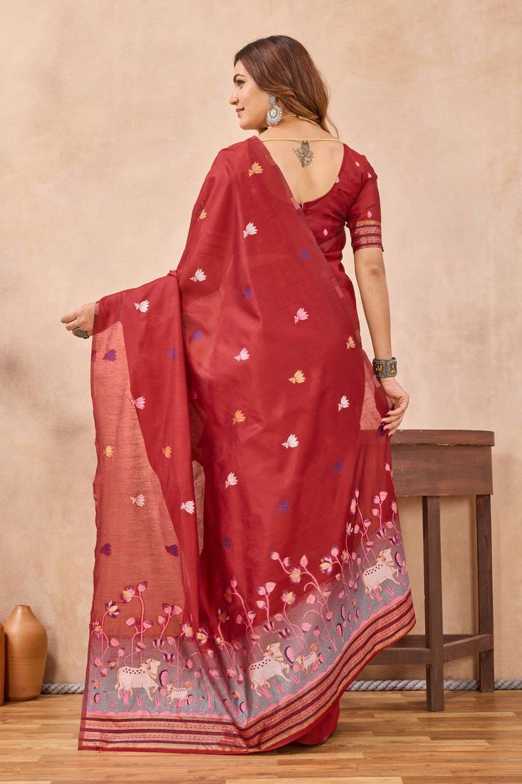 Red linen festive saree with unstitched blouse piece