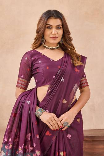 Wine linen designer party wear festive saree with unstitched blouse piece