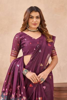 Wine linen festive saree with unstitched blouse piece 1