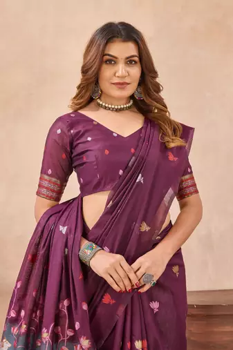 Wine linen festive saree with unstitched blouse piece