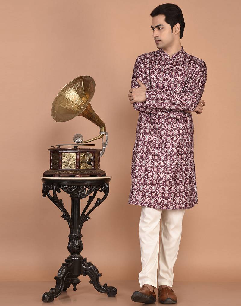 Men's floral printed cotton straight  kurta