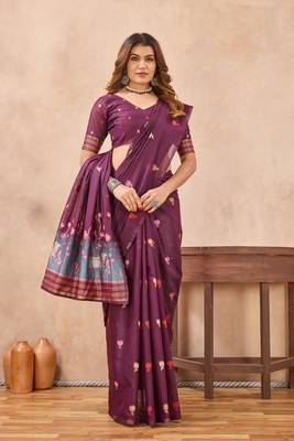 Wine linen festive saree with unstitched blouse piece 2