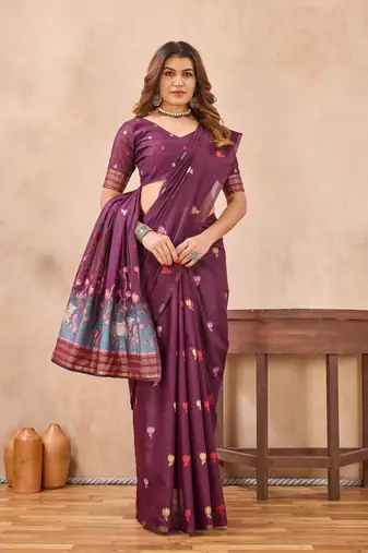 Wine linen festive saree with unstitched blouse piece