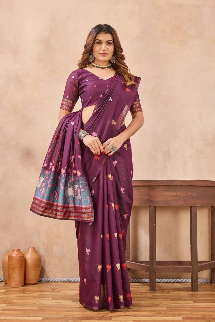 Wine linen festive saree with unstitched blouse piece