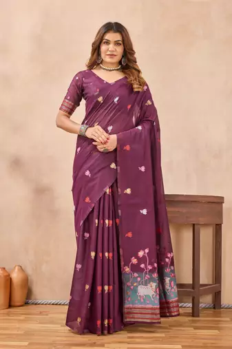 Wine linen festive saree with unstitched blouse piece