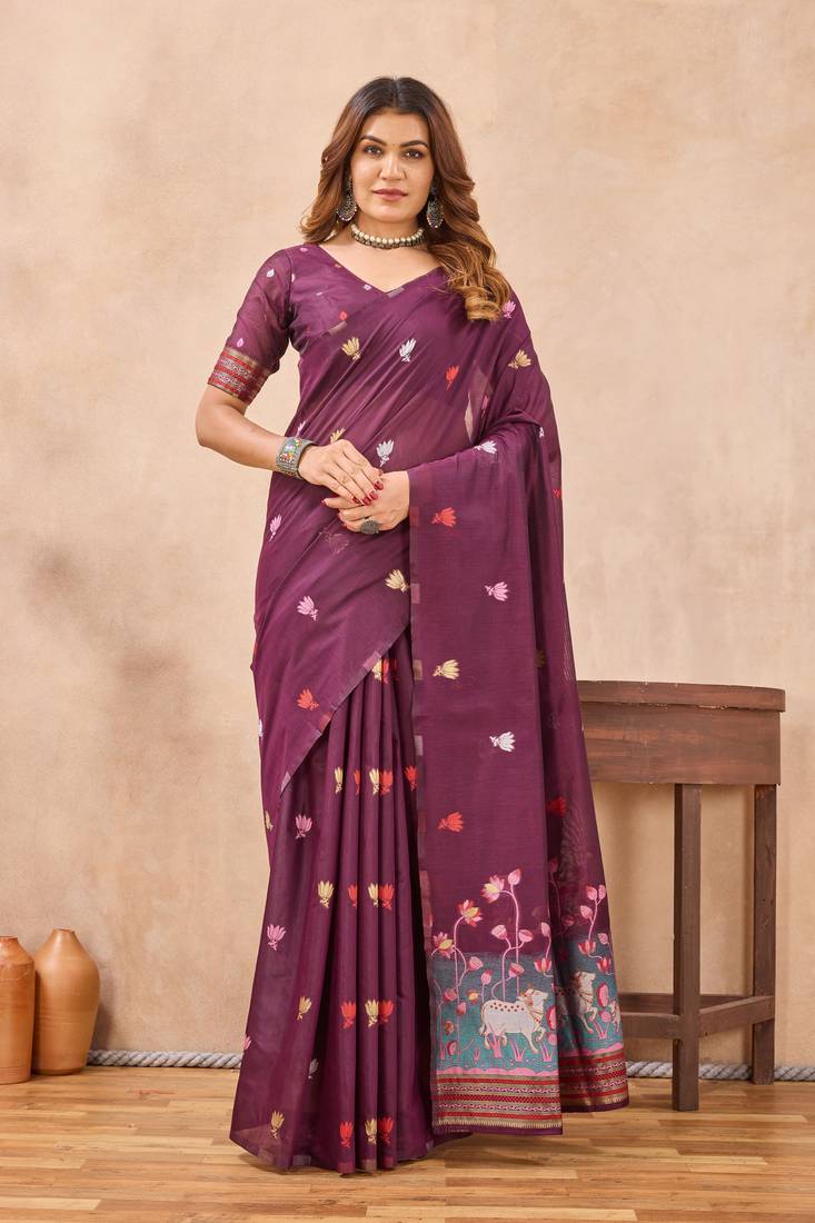 Wine linen festive saree with unstitched blouse piece