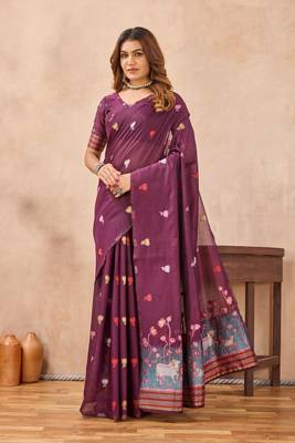 Wine linen festive saree with unstitched blouse piece 4