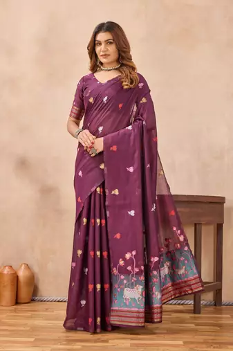 Wine linen festive saree with unstitched blouse piece