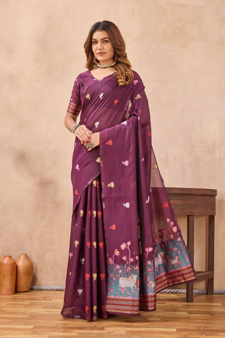 Wine linen festive saree with unstitched blouse piece