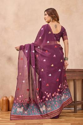 Wine linen festive saree with unstitched blouse piece 5