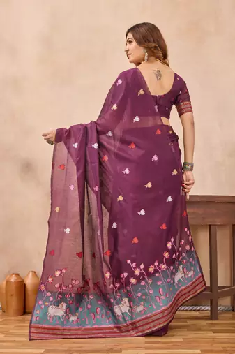 Wine linen festive saree with unstitched blouse piece