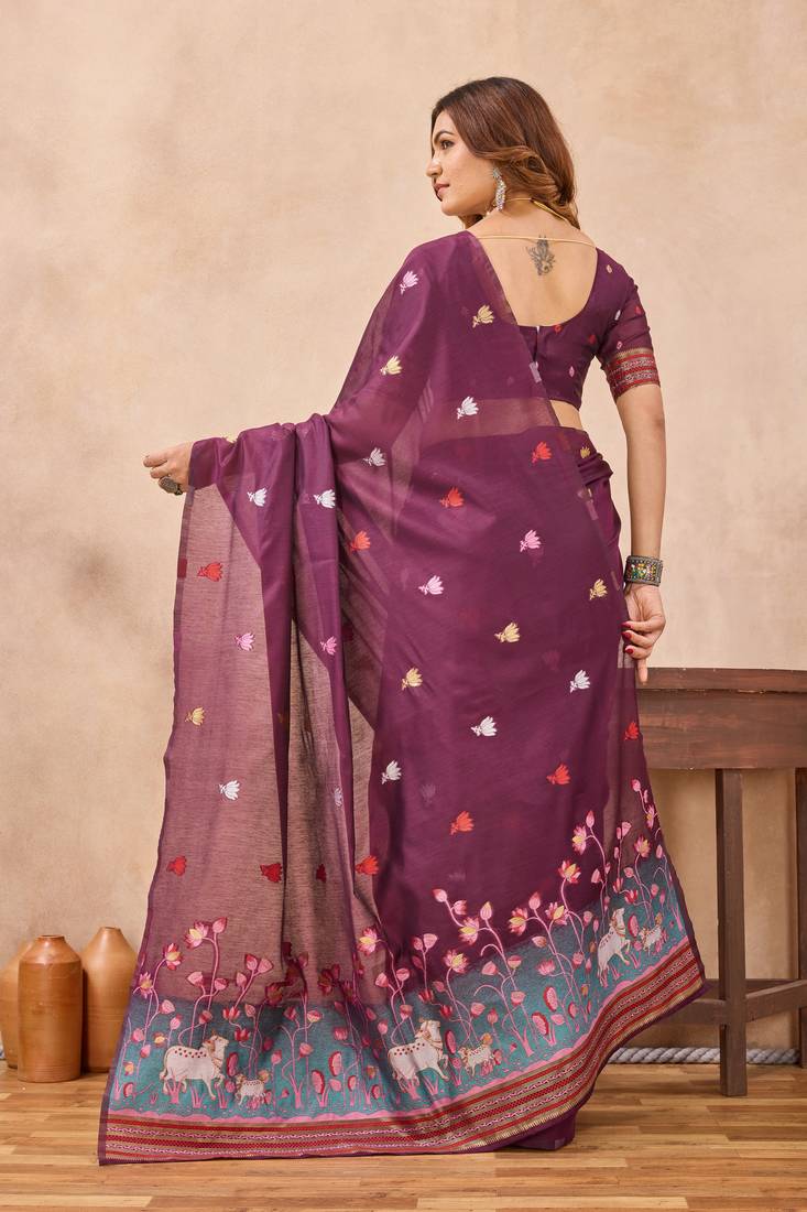 Wine linen festive saree with unstitched blouse piece