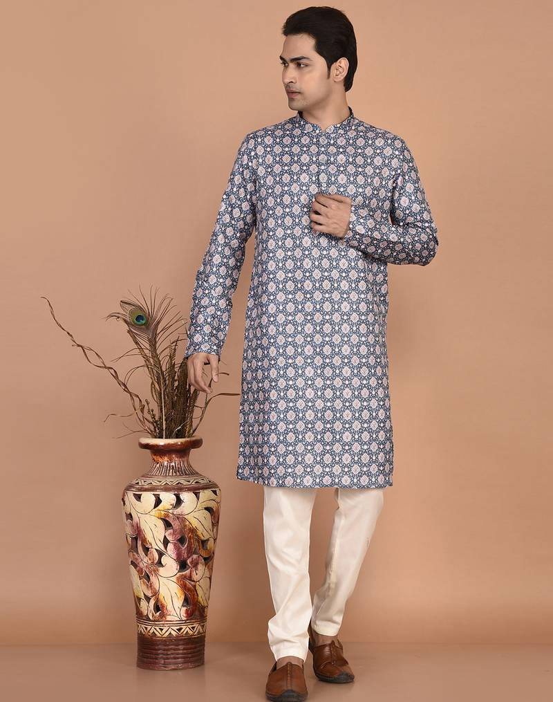 Men's geometric printed cotton straight kurta