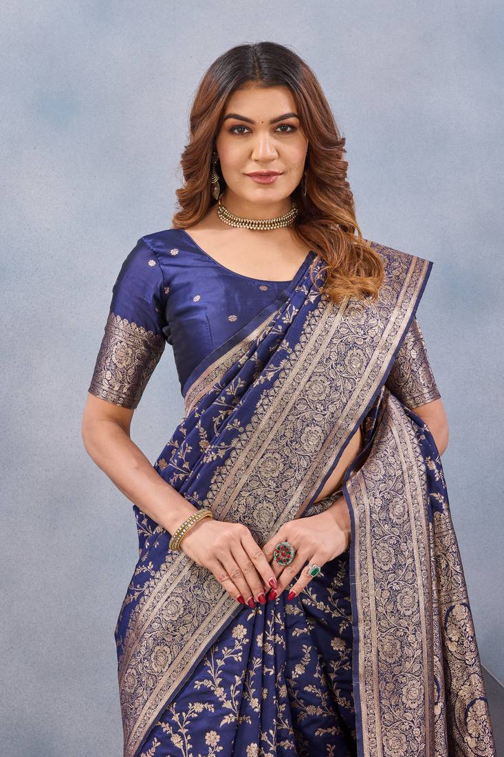 Blue soft silk blend banarasi jacuard work designer party wear saree with unstitched blouse piece