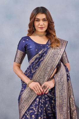 Blue silk blend banarasi saree with unstitched blouse piece 1