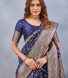 Blue silk blend banarasi saree with unstitched blouse piece