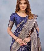 Blue silk blend banarasi saree with unstitched blouse piece