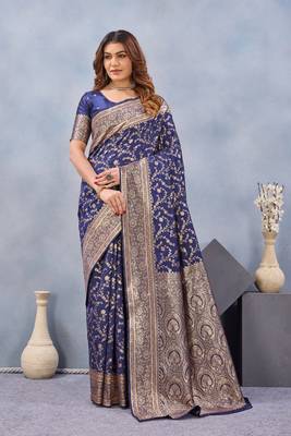 Blue silk blend banarasi saree with unstitched blouse piece 2
