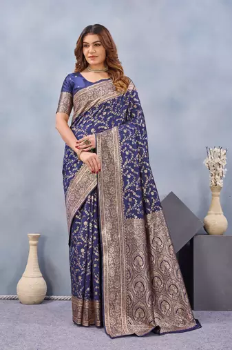 Blue silk blend banarasi saree with unstitched blouse piece