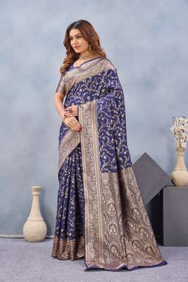 Blue silk blend banarasi saree with unstitched blouse piece 3