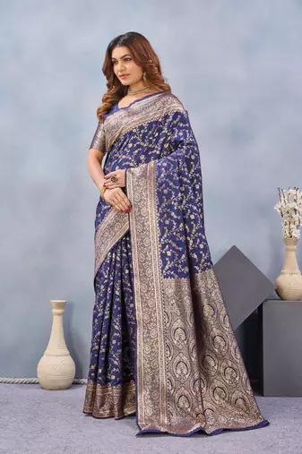 Blue silk blend banarasi saree with unstitched blouse piece