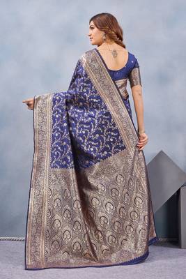 Blue silk blend banarasi saree with unstitched blouse piece 4