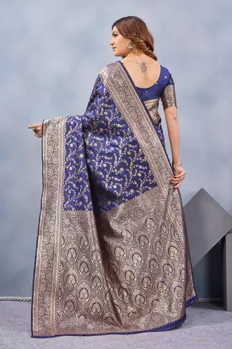 Blue silk blend banarasi saree with unstitched blouse piece