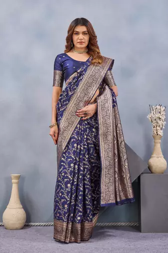 Blue silk blend banarasi saree with unstitched blouse piece