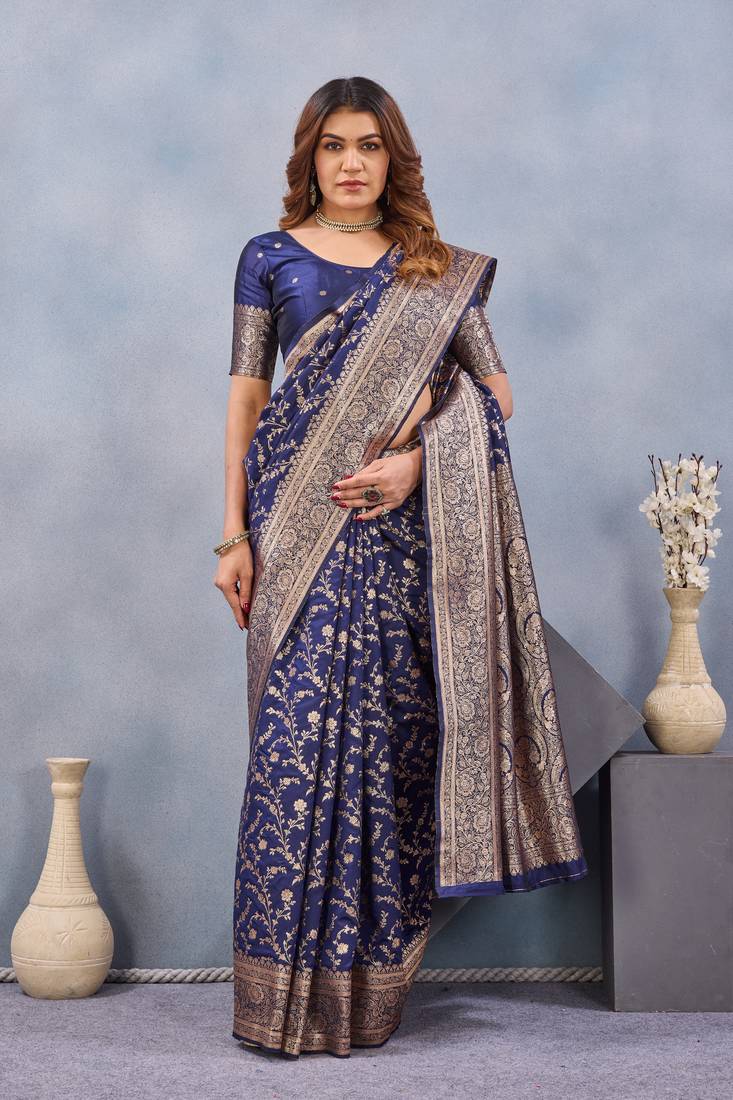 Blue silk blend banarasi saree with unstitched blouse piece