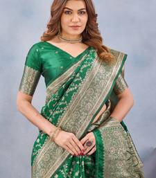 Green silk blend banarasi saree with unstitched blouse piece