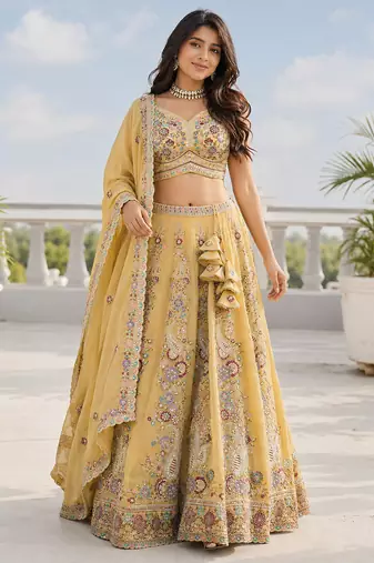 Elegant Pastel Georgette Lehenga Set with Multicolor Thread Embroidery & Sequins